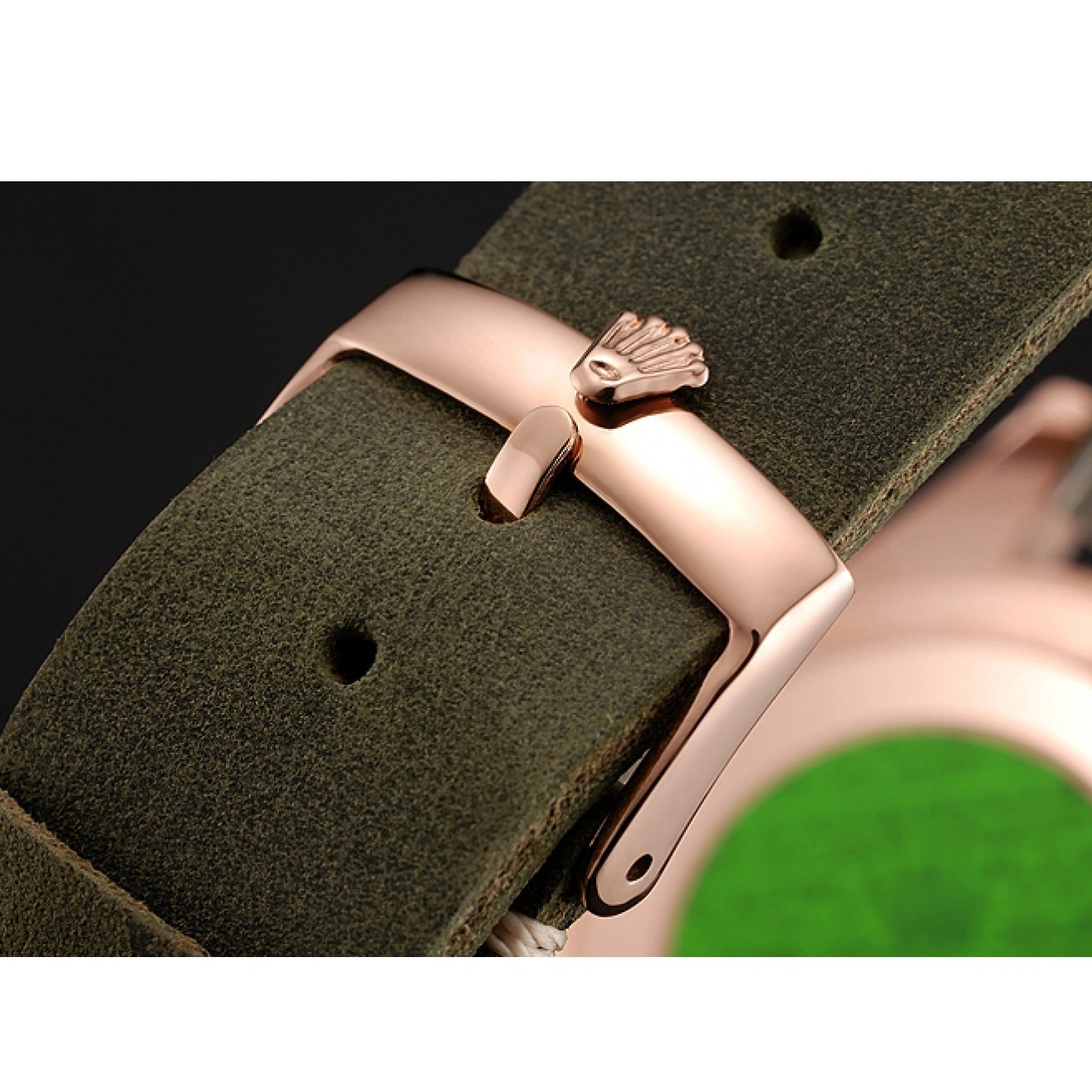 MiroTime 1013 Rolex Yacht Master Black Dial Green Bezel Rose Gold Case Green Leather Bracelet 1453862